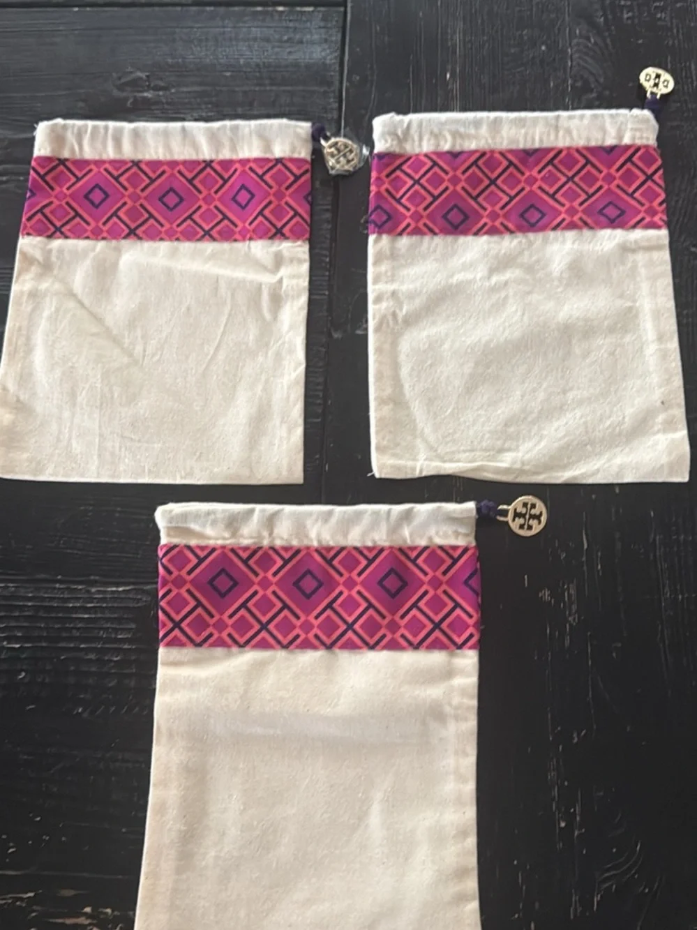 Tory Burch Set of 3 Cotton Drawstring Bags with Pink Geometric Trim